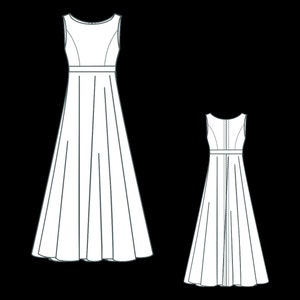 May include: A sleeveless maxi dress with a fitted bodice and a flowing skirt. The dress has a back zipper and a waistband.