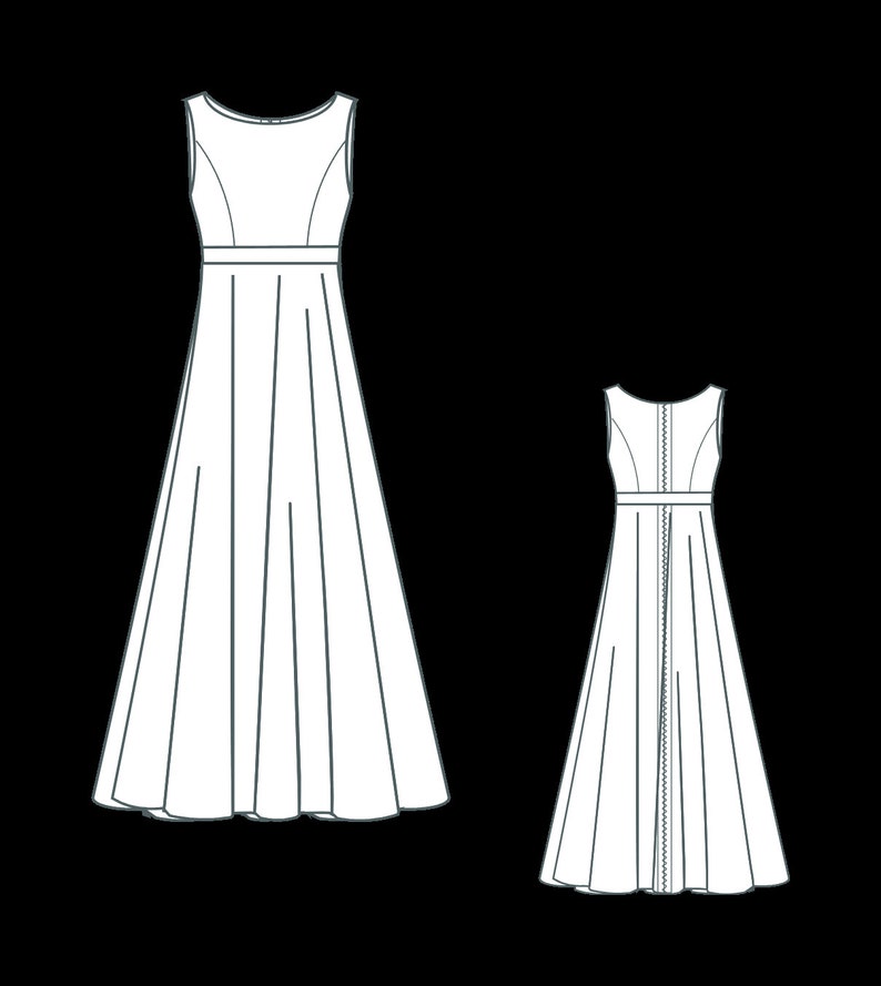 May include: A sleeveless maxi dress with a fitted bodice and a flowing skirt. The dress has a back zipper and a waistband.