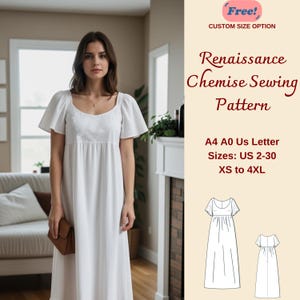 Patron de couture Renaissance Maxi chemise, robe maxi cottagecore froncée, Régence, robe elfique, Régence, modèle de chemise de nuit, TP-4XL