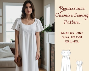 Renaissance Maxi Chemise Sewing Pattern, Gathered Maxi Cottagecore Dress, Regency, Elvish dress, Regency, Nightgown Pattern, XS-4XL