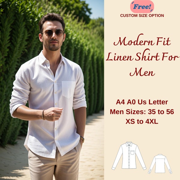 Modern Fit Leinenhemd-Schnittmuster, Hemdmuster für Männer, Button-up-Hemdmuster, Herren-Schnittmuster, Herrengröße 35 bis 56, XS bis 4 XL