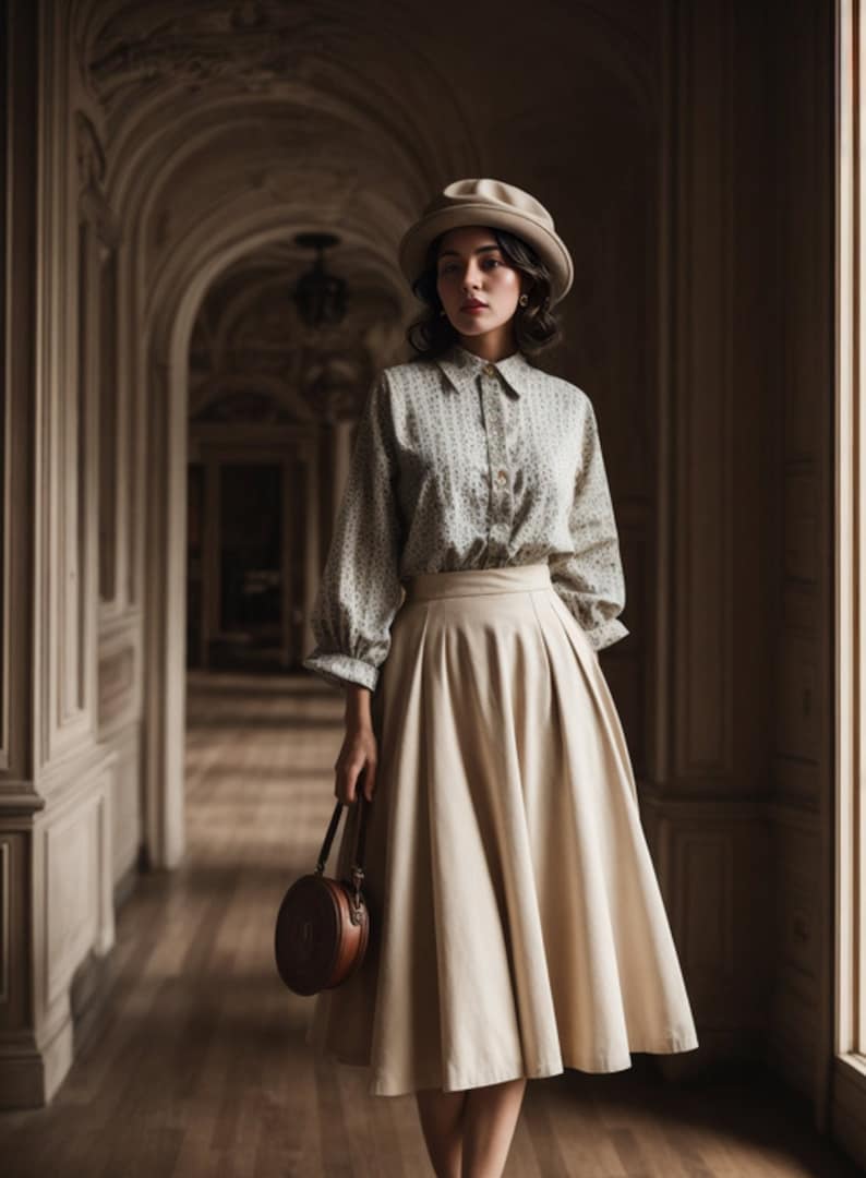 May include: A woman wearing a light green and white patterned button-up shirt with a beige skirt and a light brown hat. She is holding a small round brown purse.
