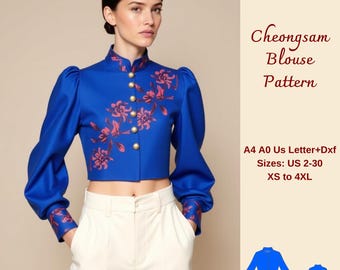 Modello di camicetta con scollo alla coreana, modello di camicetta cheongsam, top corto con scollo alla coreana, modello di camicetta vintage, camicetta cinese, XS-4XL