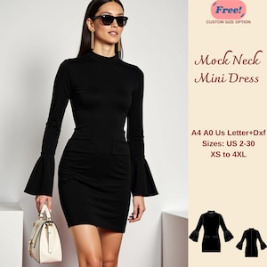 May include: Black mock neck mini dress with long sleeves and bell bottoms. The dress has a fitted silhouette and a pocket on the front. The image also includes a digital pattern for the dress in sizes US 2-30, XS to 4XL.