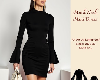 Mock Neck Bodycon Mini Dress Sewing Pattern: Bell Sleeve, XS-4XL (PDF Pattern)