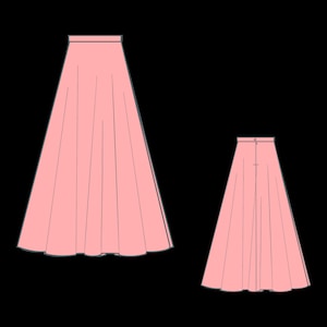 May include: Two views of a light pink, full-length skirt. The skirt has a high waist and a flowing, A-line silhouette. The design includes vertical pleats and a button closure at the back. The skirt is shown from the front and back.