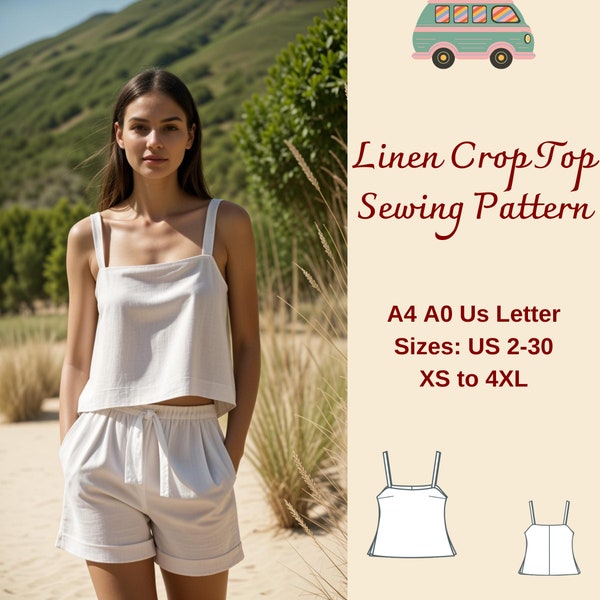 Women Linen Crop Top Sewing Pattern, Linen Blouse, Bustier Top Pattern, Mini Cami Crop Top Pattern, Strap Blouse, Linen Shirt  XS-4XL