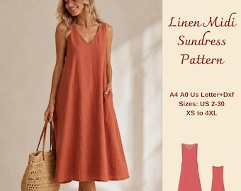 Linen Midi Sundress Sewing Pattern, V Neck Cottagecore Summer Dress, XS-4XL
