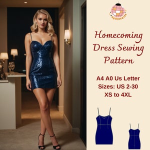 Könnte beinhalten: Ein Schnittmuster für ein kurzes, ärmelloses Kleid mit einem herzförmigen Ausschnitt. Das Schnittmuster ist in den Größen US 2-30, XS bis 4XL erhältlich und kann auf A4, A0 oder US Letter Papier gedruckt werden. Das Schnittmuster wird auf einem Model gezeigt, das ein blaues Paillettenkleid trägt.
