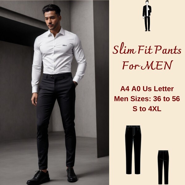 Men Slim Pants Sewing Pattern, Pants Trousers PDF Sewing, Slim Fit Pants For Men, Tapered Leg Men Jeans Pattern, Men Size: 36 to 56 S-4XL