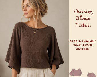 Oversize Summer Blouse Sewing Pattern, Boat Neck Bell Sleeve Summer Top, Loose Fit, XS-4XL