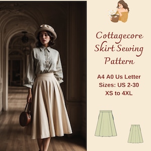 Patron de couture jupe vintage avec poches Cottagecore, jupe évasée, jupe longueur genou, jupe cercle, jupe taille élastique, A4 A0 US 2-30