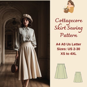 Cottagecore Vintage Skirt With Pockets Sewing Pattern, Flare Skirt, Knee Lenght Skirt , Circle Skirt, Cottagecore Skirt,  A4 A0 US 2-30