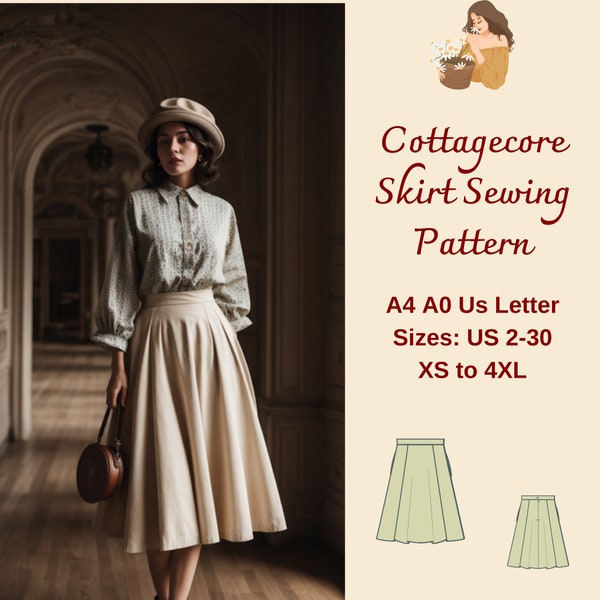 Cottagecore Vintage rok met zakken naaipatroon, flare rok, knielengte rok, cirkelrok, elastische taille rok, A4 A0 US 2-30