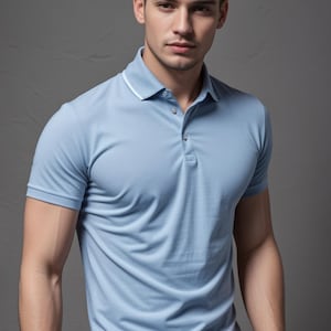 May include: A light blue polo shirt with a white collar trim. The shirt has a button-up closure and short sleeves.