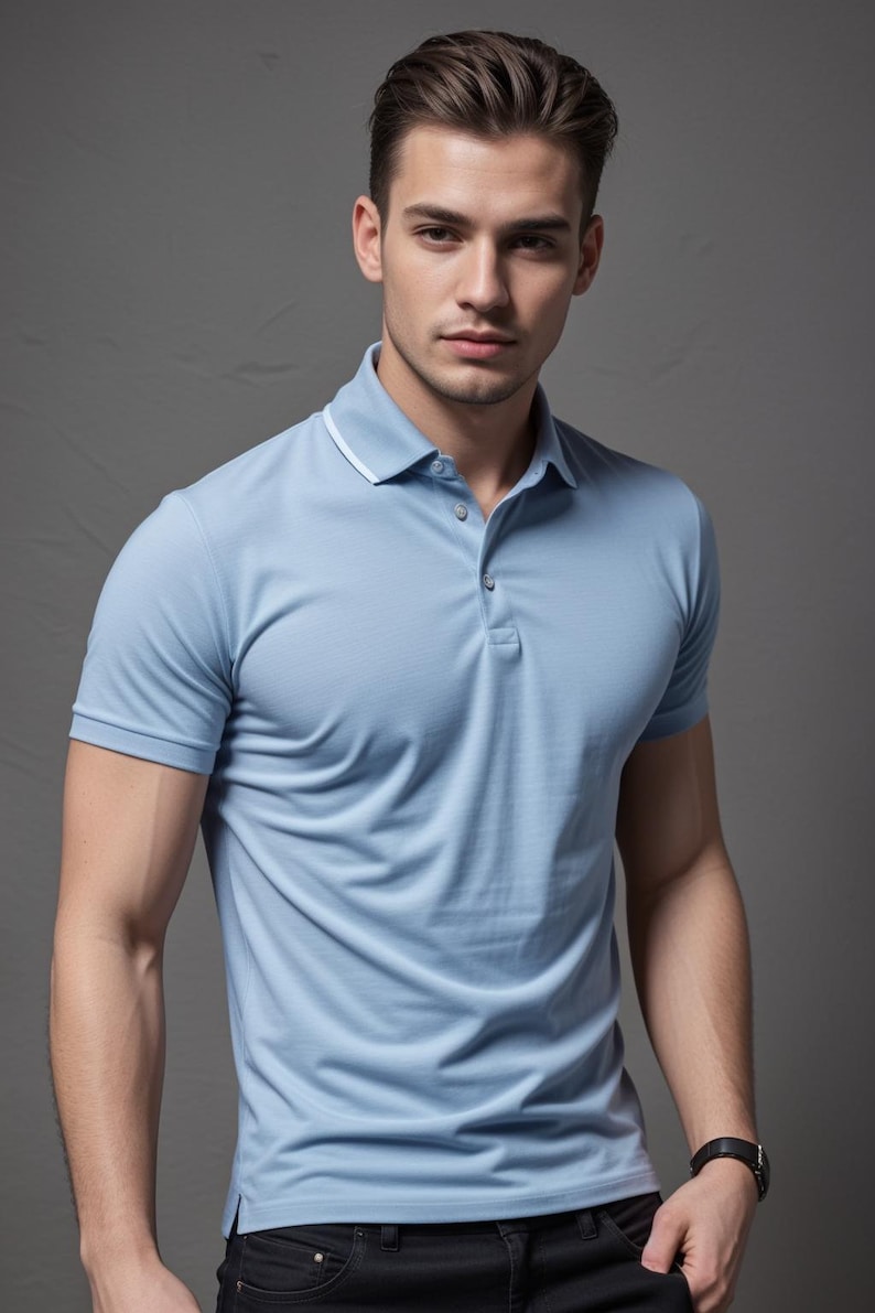 Pu&ograve; includere: Una polo blu chiaro con un bordo bianco sul colletto. La camicia ha una chiusura con bottoni e maniche corte.