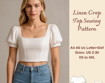 Linen Milkmaid Crop Top Sewing Pattern, Puff Sleeve, XS-4XL (PDF Pattern)