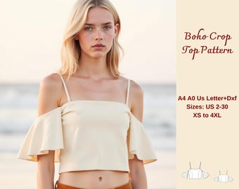 Boho Bell Sleeve Crop Top Sewing Pattern: Women's XS-4XL (PDF Pattern)