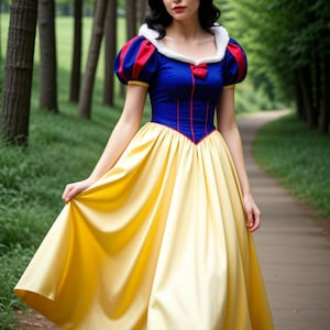 May include: A woman dressed as Snow White, wearing a blue and yellow dress with a red bow, standing in a forest setting.
