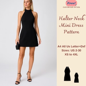 Puede incluir: Una mujer con un minivestido negro con cuello halter. El vestido es sin mangas y tiene un cuello alto. La imagen incluye el texto "Halter Neck Mini Dress Pattern" y "Sizes: US 2-30 XS to 4XL".