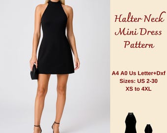 Halter Neck A Line Mini Dress Sewing Pattern, Turtleneck Dress, A Line Dress, Halter Neck Dress, Women Sewing Pattern, XS-4XL