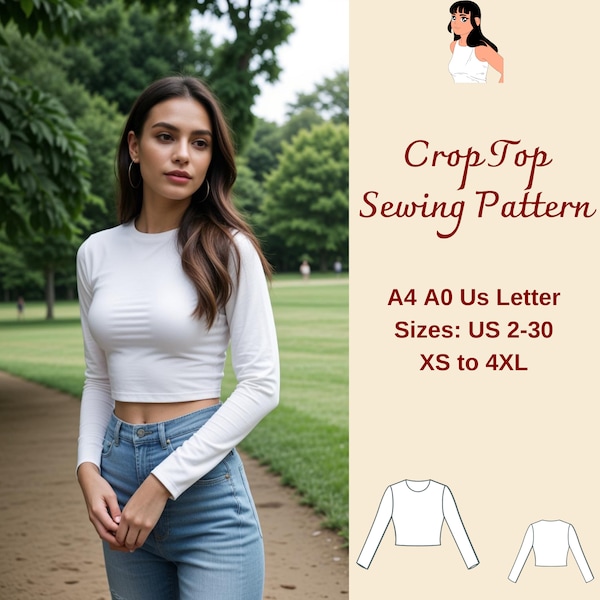 Simple Crop Top Sewing Pattern, Long Sleeve Crop Top, Fitted Crop Top Pattern, Crop Knit Top Sewing Pattern, Crop Baby Tee, XS-4XL