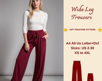 May include: A digital sewing pattern for wide leg trousers. The pattern includes sizes US 2-30, XS to 4XL. The pattern is available in A4, A0, US Letter, and DXF formats. The pattern is free with purchase of a pinafore pattern.