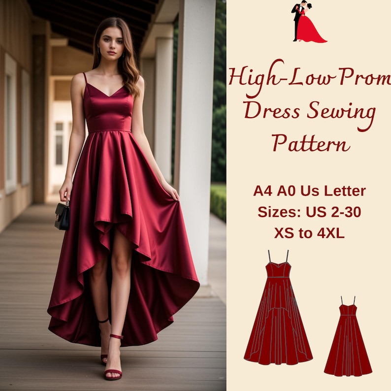 High-Low Prom Dress Sewing Pattern, Prom Dress Pattern, Hi-low dress pattern, Evening Gown, Ball Gown, XS-4XL