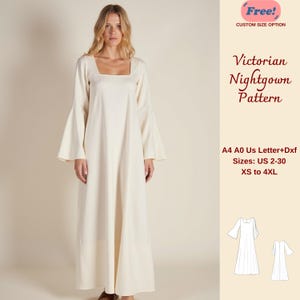 Puede incluir: Un patrón de costura de camisón victoriano blanco con una modelo vistiendo el camisón. El patrón incluye las tallas ES 34-48, XS a 4XL. El patrón está disponible en los tamaños A4, A0 y Carta española, así como en formato DXF.