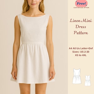May include: A woman wearing a sleeveless, off-white linen mini dress. The dress has a fitted bodice and a flared skirt. Text on the right side reads "Linen Mini Dress Pattern" with size options from US 2-30 and XS to 4XL.