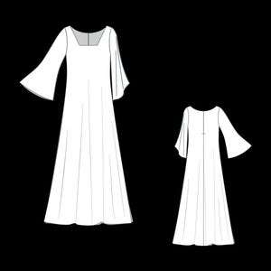 May include: Line drawing of two white dresses with long sleeves and a square neckline. The dresses are floor length and have a simple, elegant design.