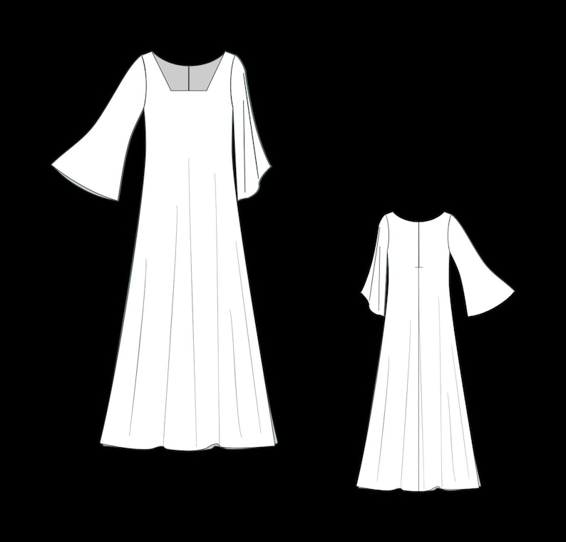 May include: Line drawing of two white dresses with long sleeves and a square neckline. The dresses are floor length and have a simple, elegant design.