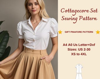 Cottagecore Dress Set Sewing Pattern, Puff Sleeve Top (XS-4XL) (PDF Pattern)