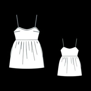 May include: Two white sleeveless dresses with a gathered skirt. The dress on the left is slightly larger than the dress on the right.