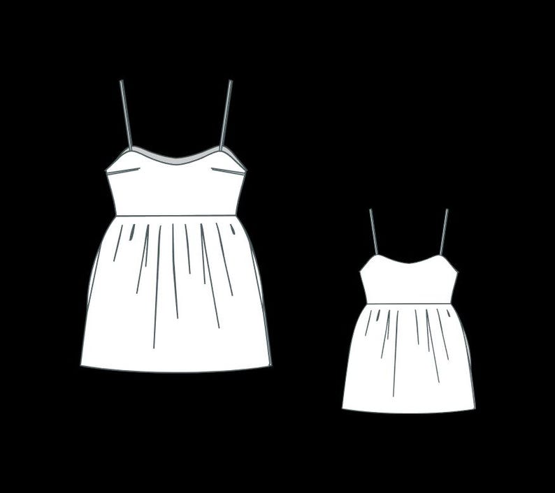 May include: Two white sleeveless dresses with a gathered skirt. The dress on the left is slightly larger than the dress on the right.