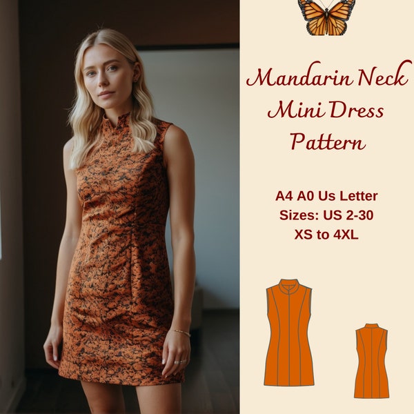 Mandarin Neck Mini Dress Sewing Pattern, Cheongsam Dress, Mandarin Neck Dress, Chinese Vintage Dress, Summer Dress, XS-4XL