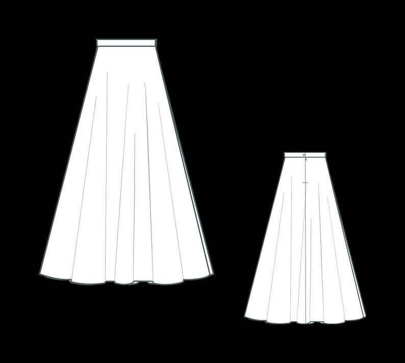 May include: Line drawing of two white, flowing skirts. The skirts have a high waist and a flared, full length. The skirt on the left is shown from the front, and the skirt on the right is shown from the back.