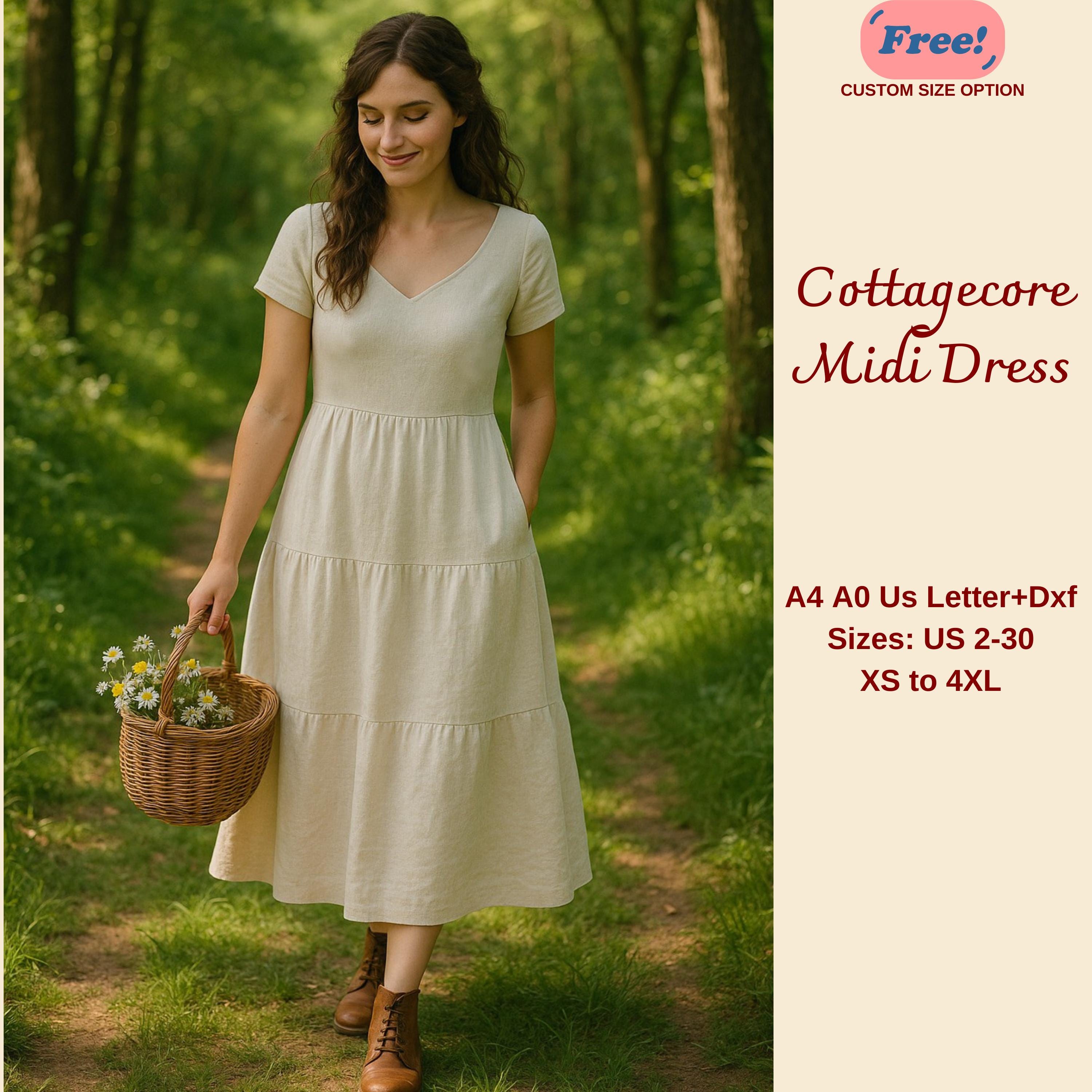 Linen Cottagecore Dress Sewing Pattern, Tiered Midi Dress PDF Sewing Pattern, Fairy Cottagecore Dress, Boho Prairie Dress, XS-4XL