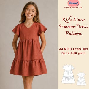 Può includere: Un vestito in lino color ruggine con scollo a V, maniche a volant e gonna a balze. Il testo recita: Free! CUSTOM SIZE OPTION, Kids Linen Summer Dress Pattern, A4 A0 Us Letter+Dxf, Sizes: 2-16 years. Include un disegno al tratto del modello.