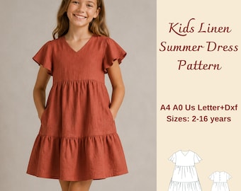 Linen Summer Dress For Kids Sewing Pattern, Girls V Neck Sundress, Sizes 2-16 Years