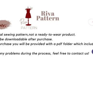 May include: A digital sewing pattern for a dress, with a red dress illustration and the text "Riva Pattern". The text "Please Note:" is also included, followed by a list of notes about the digital pattern.