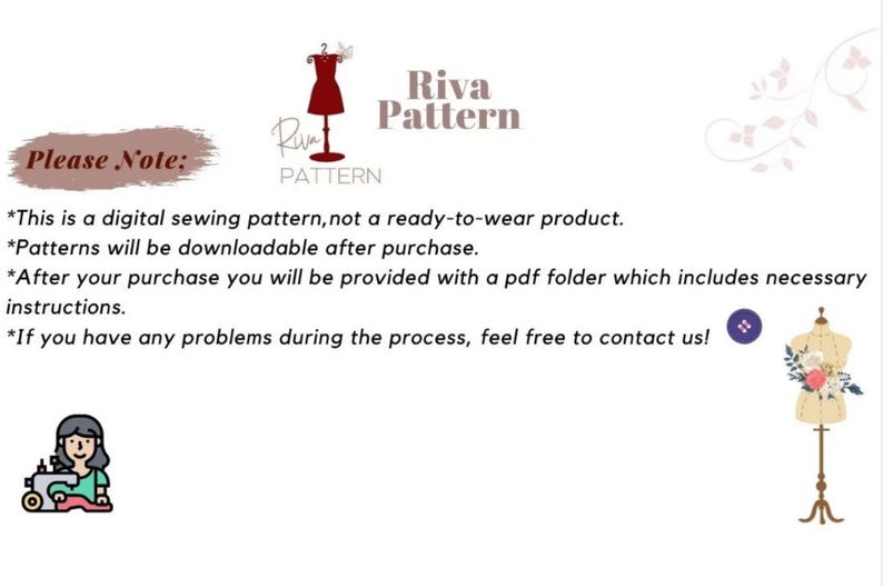 May include: A digital sewing pattern for a dress, with a red dress illustration and the text "Riva Pattern". The text "Please Note:" is also included, followed by a list of notes about the digital pattern.