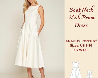 U-Boot-Ausschnitt Schnittmuster für Midi-Kleid: Abschlussball, Cocktail, Abend (XS-4XL) (PDF-Muster)