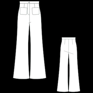 May include: White, high-waisted, wide-leg pants with two front pockets. The pants have a button and zipper closure. A smaller version of the pants is also shown. The pants are a classic style.