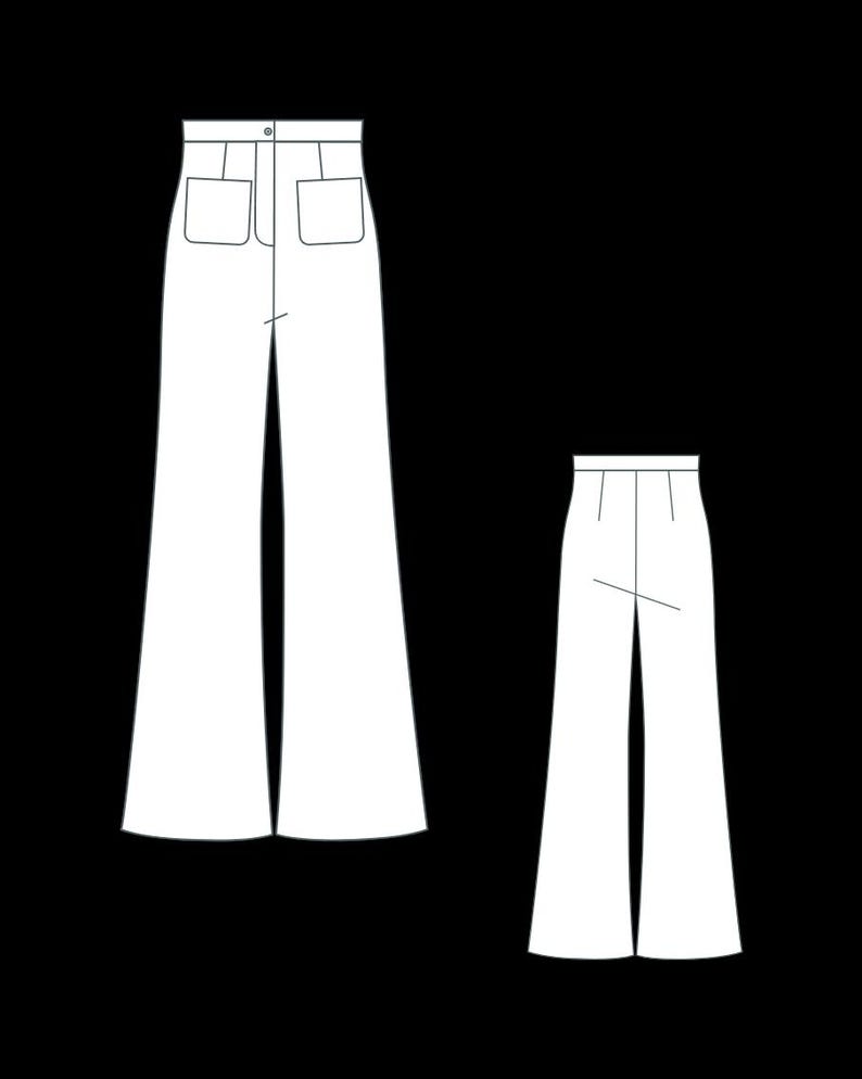 May include: White, high-waisted, wide-leg pants with two front pockets. The pants have a button and zipper closure. A smaller version of the pants is also shown. The pants are a classic style.