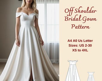 Off Shoulder Bridal Gown Sewing Pattern, Heart Neck Bridal Gown, Cocktail Dress Pattern, Wedding Dress Pattern, Evening Gown, XS-4XL