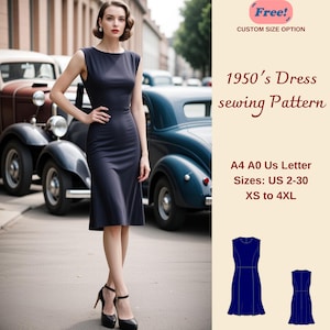Könnte beinhalten: Eine Frau in einem dunkelblauen, knielangen Kleid steht vor Oldtimern. Das Kleid hat einen Rundhalsausschnitt und kurze Ärmel. Der Text lautet "1950's Dress sewing Pattern" mit Größen von US 2-30 und XS bis 4XL.