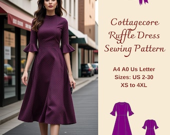 Molde para Vestido Midi com Babados Estilo Cottagecore: Tamanhos do XS ao 4XL (Molde em PDF)