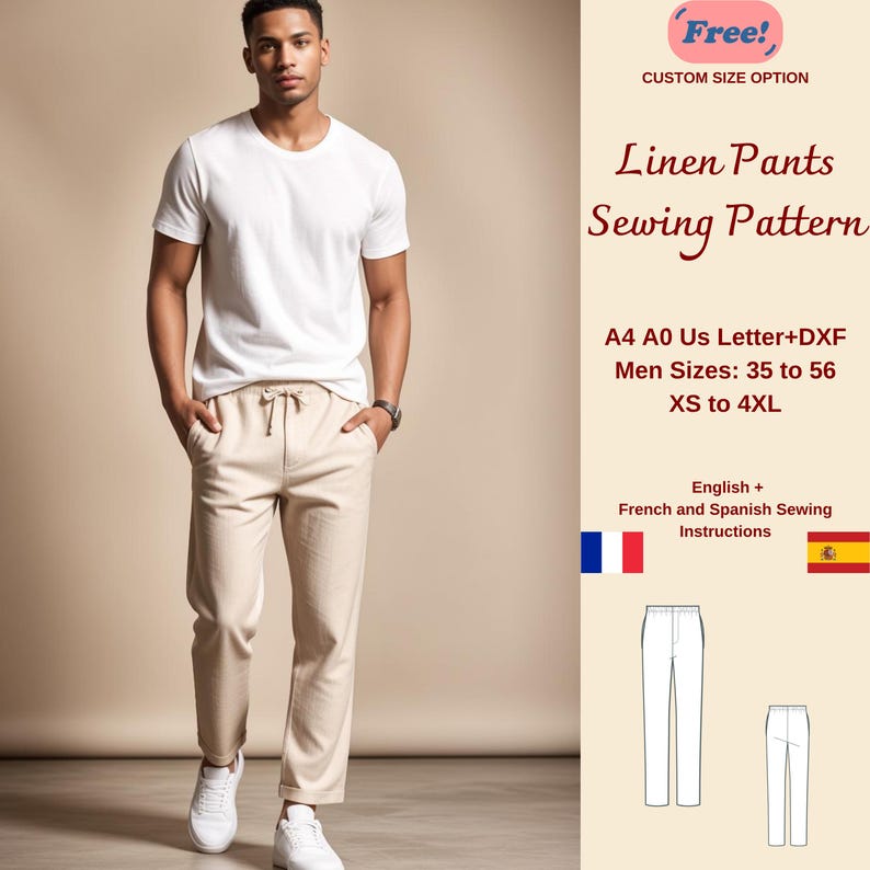 Men's Linen Pants Sewing Pattern, Men's Pants Pattern, Men's Summer Pants, Pants Trousers PDF Sewing, Men Size: 35 to 56 XS-4XL
