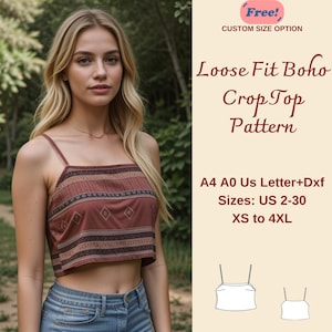 Puede incluir: Un patrón digital para un top corto boho de corte holgado. El patrón incluye las tallas ES 34-52 (XS a 4XL) y está disponible en los formatos A4, A0 y A4 español. El patrón se muestra sobre un fondo blanco con un dibujo de línea del top corto.